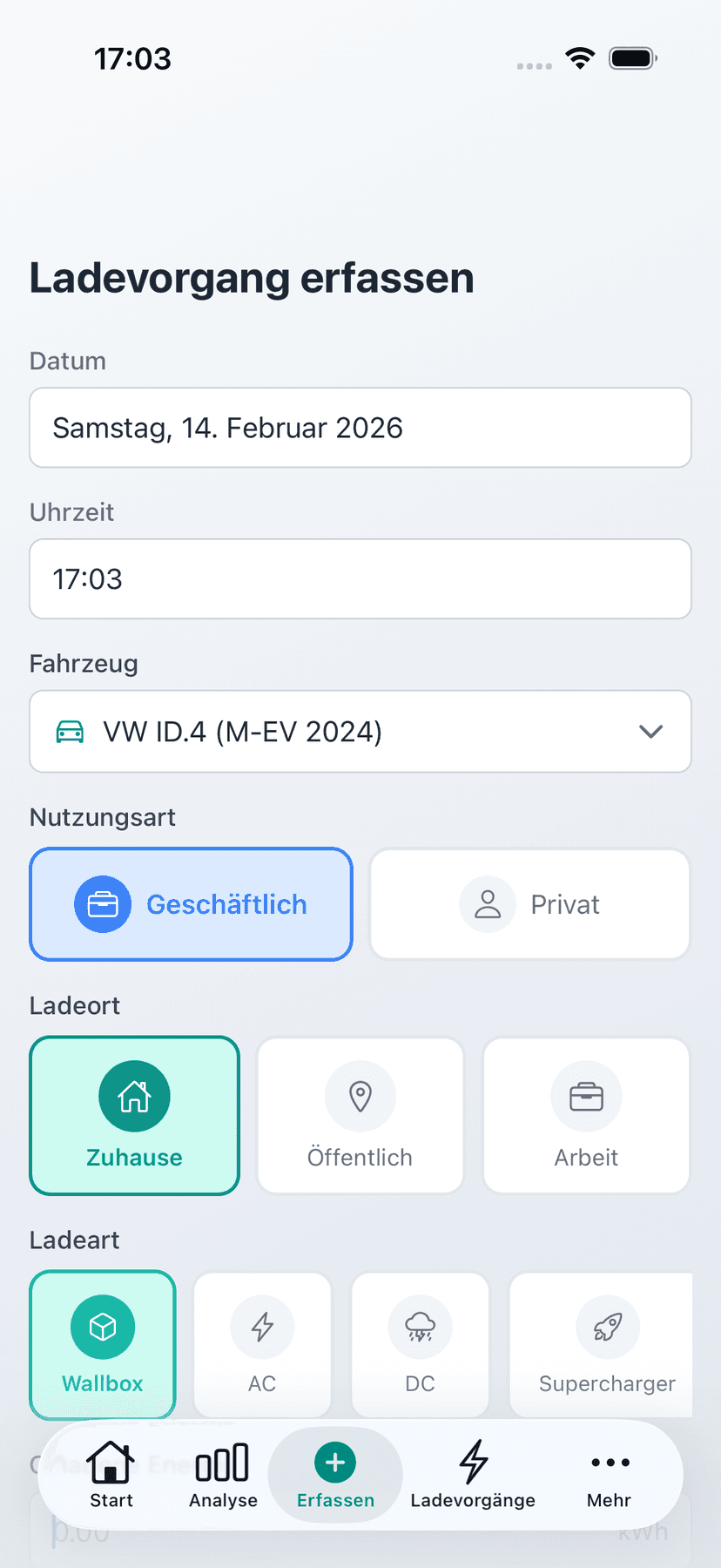 Erfassen - Formular zur schnellen Erfassung eines neuen Ladevorgangs mit Datum und kWh
