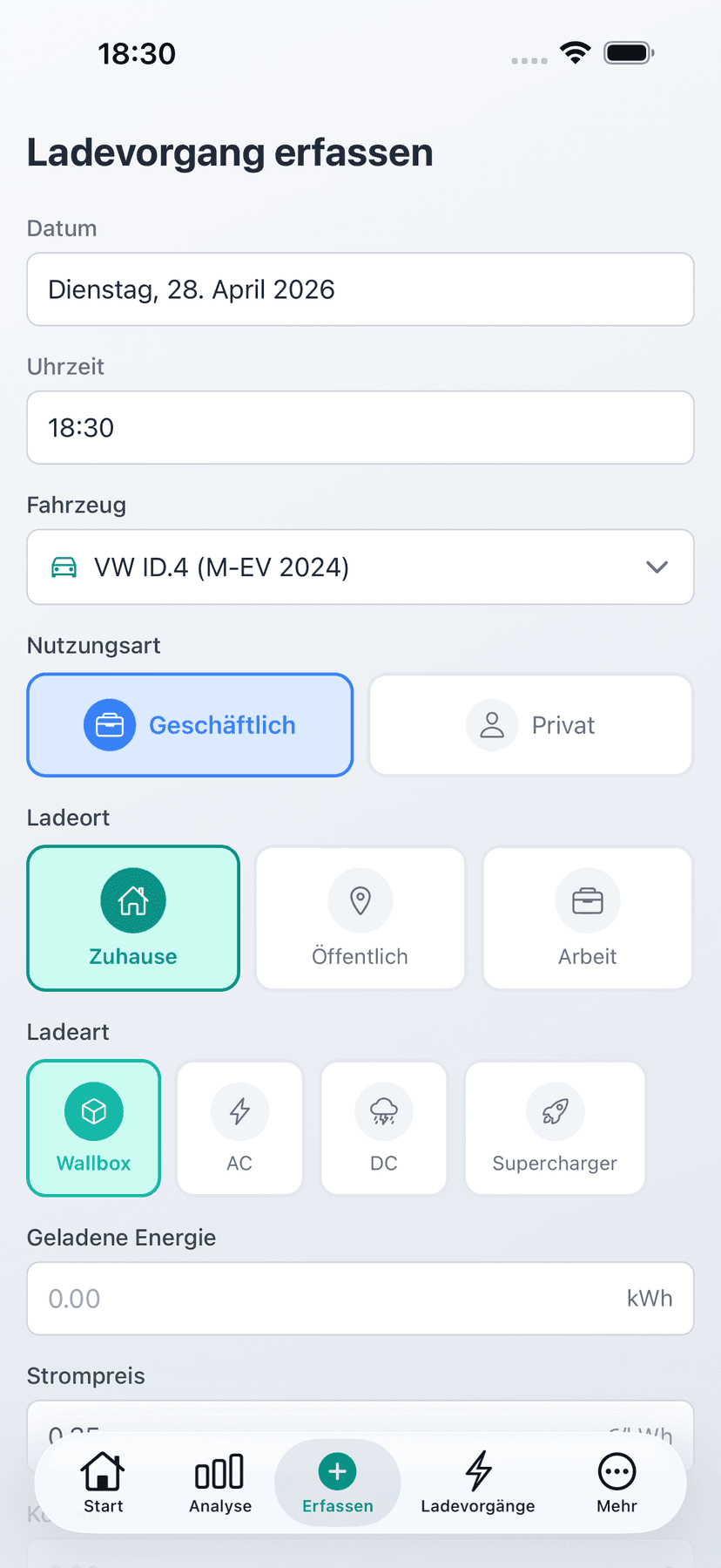 Erfassen - Formular zur schnellen Erfassung eines neuen Ladevorgangs mit Datum und kWh