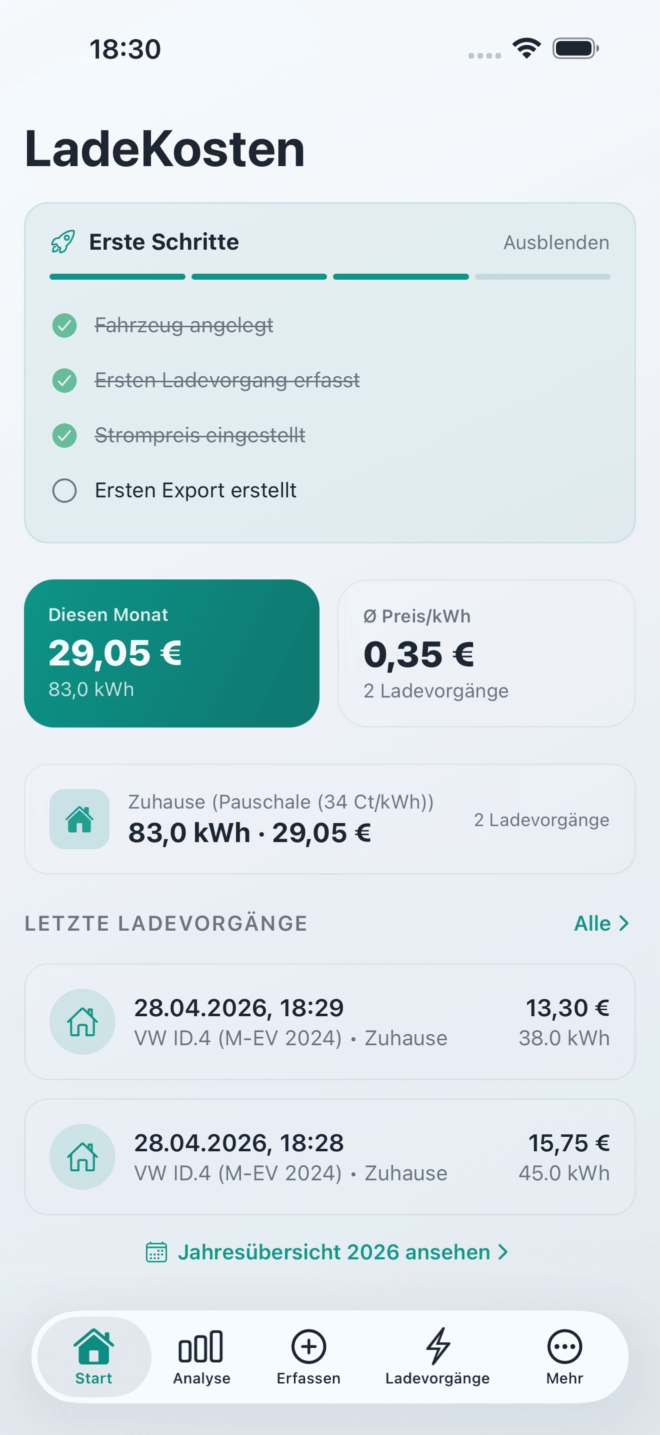 LadeKosten App Dashboard mit monatlicher Ladekostenübersicht