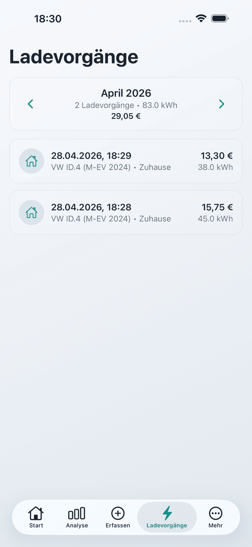 Jede Ladung im Log - Alle Ladevorgänge automatisch dokumentiert — mit Datum, kWh und Kosten