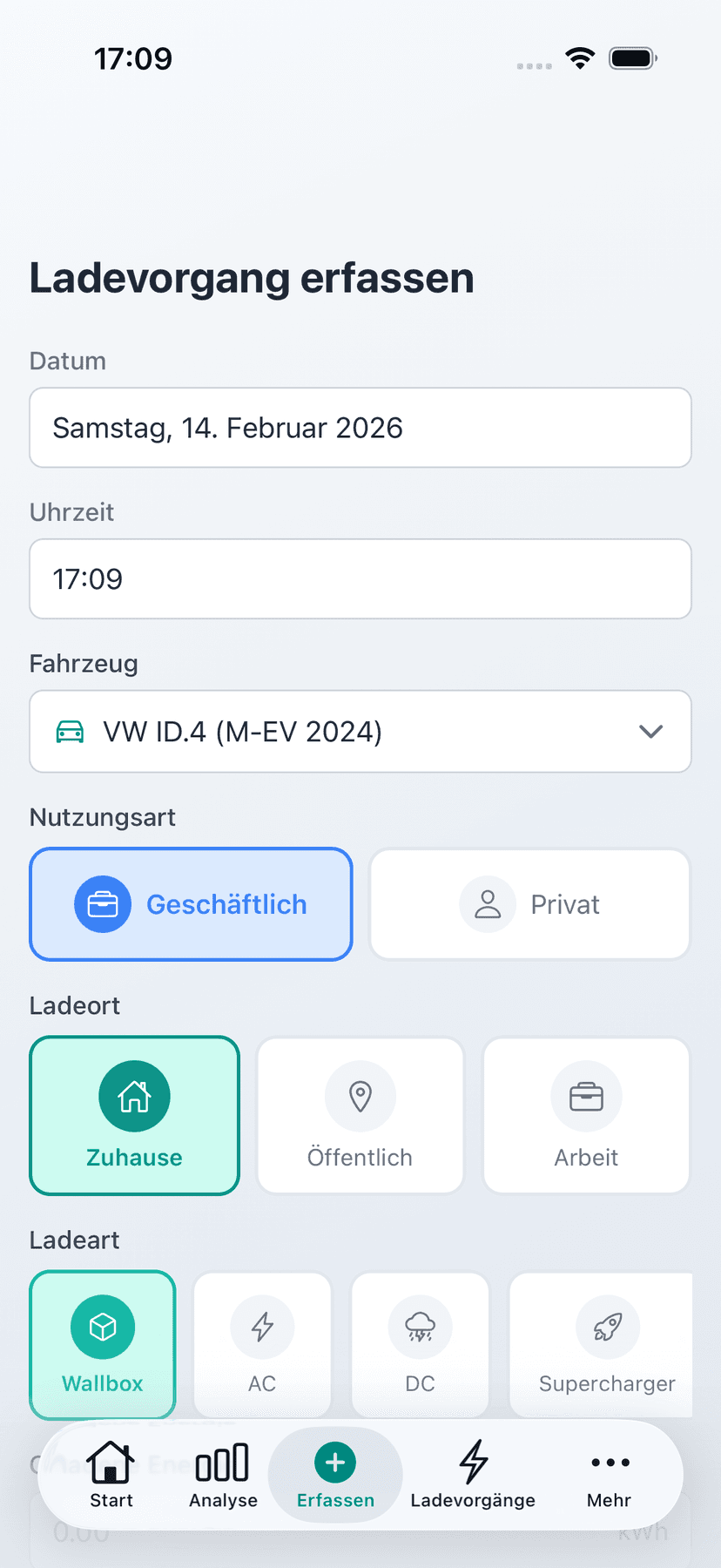 Record - Form for quickly recording a new charging session with date and kWh