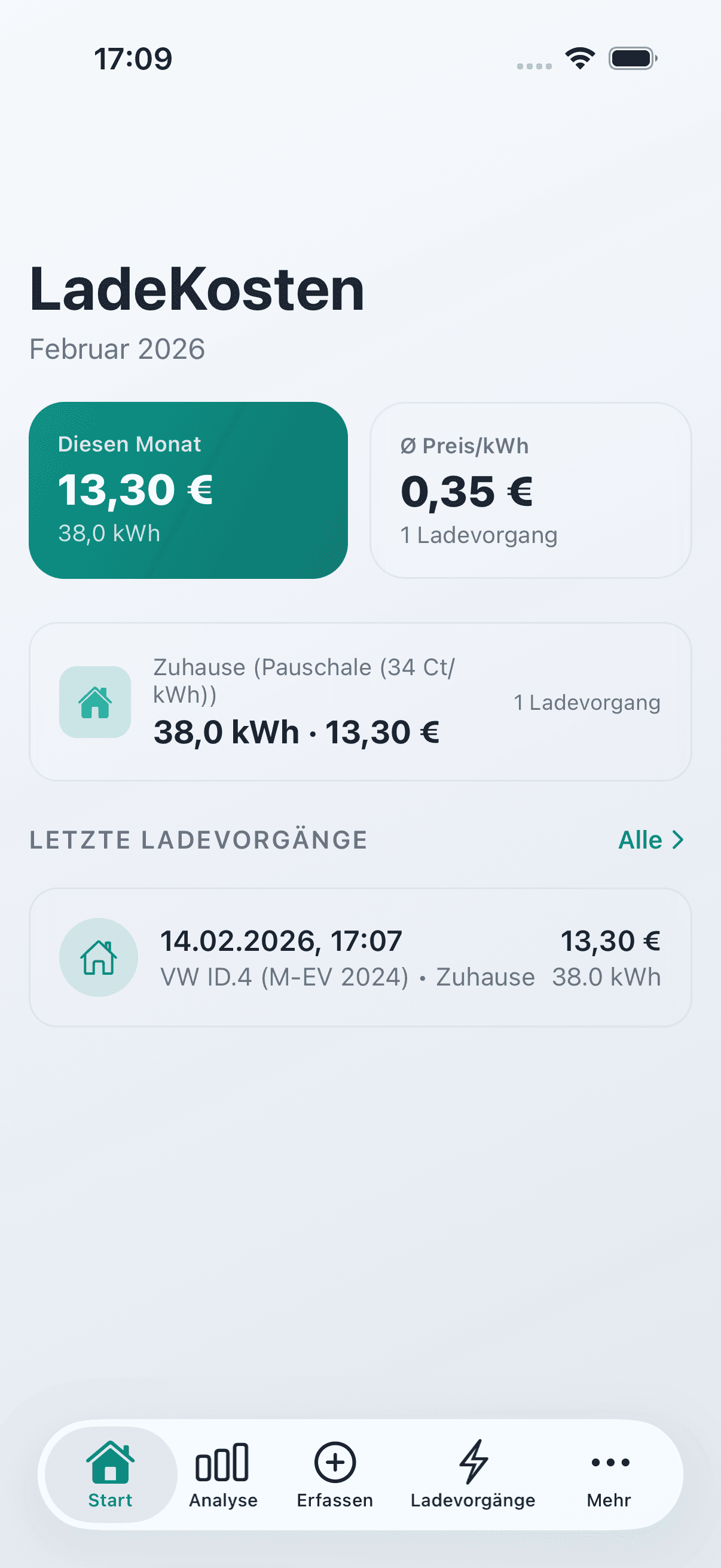 LadeKosten app dashboard showing monthly charging cost overview and tax savings
