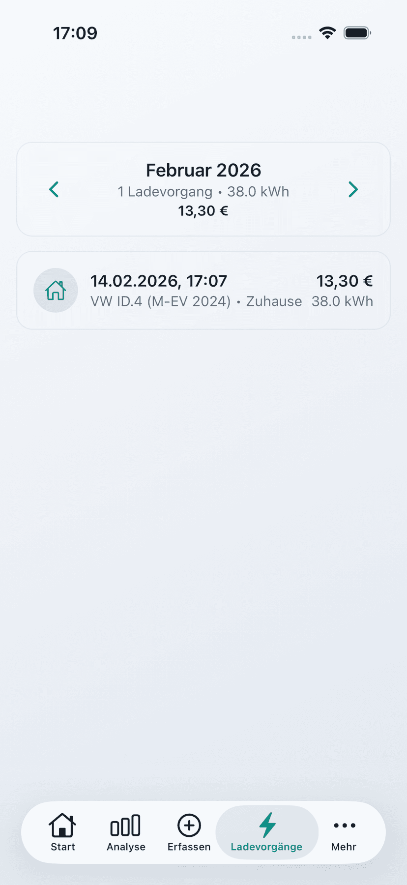 Charging Sessions - Chronological list of all documented charging sessions with kWh and costs