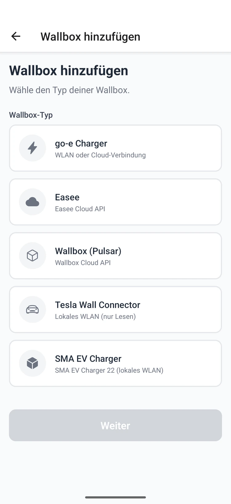 Wallbox-Typ „go-e Charger" auswählen