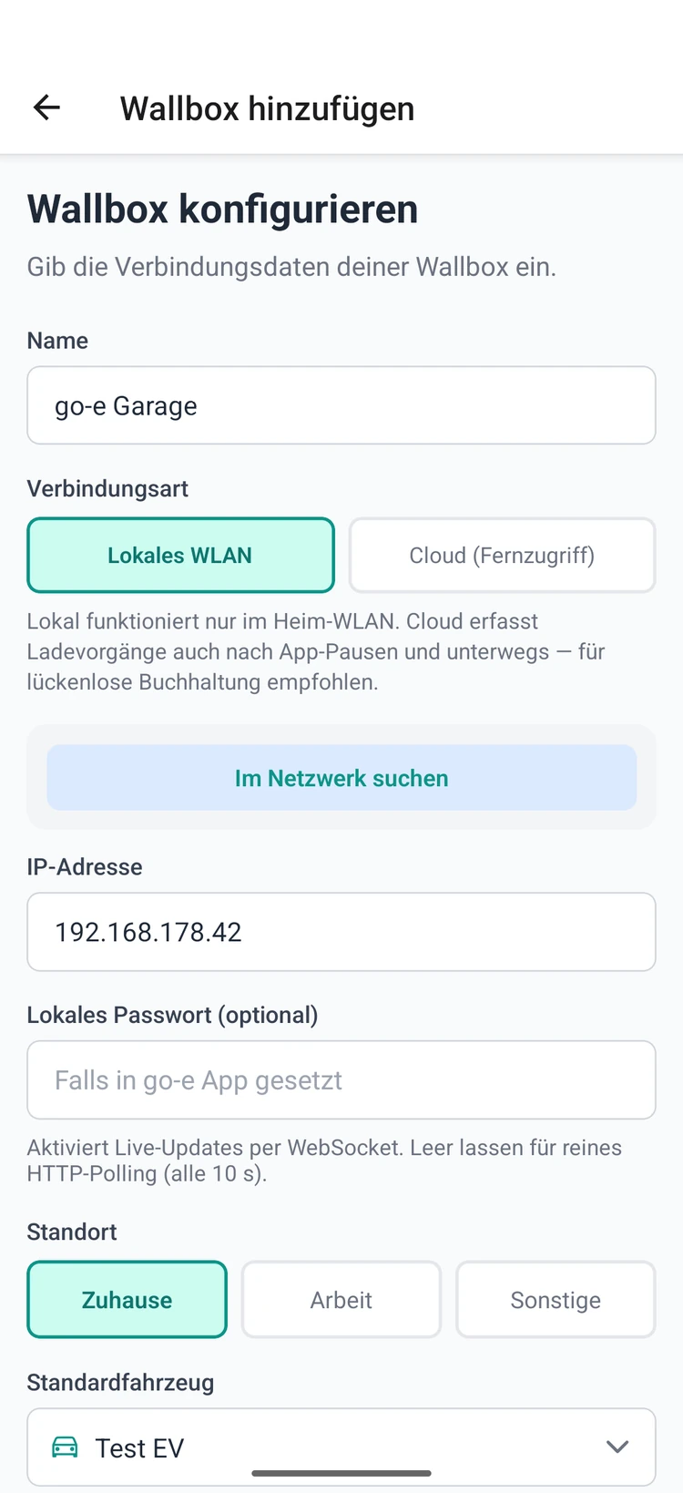 go-e im lokalen WLAN-Modus einrichten: Name, IP-Adresse und optionales Passwort