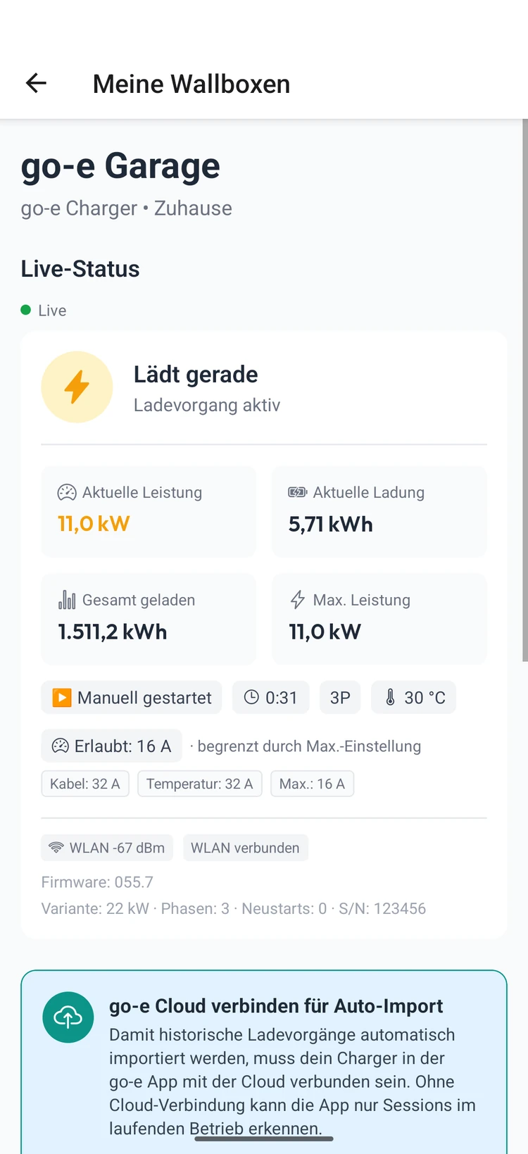 Live-Status der go-e mit Leistung, geladener Energie und Details