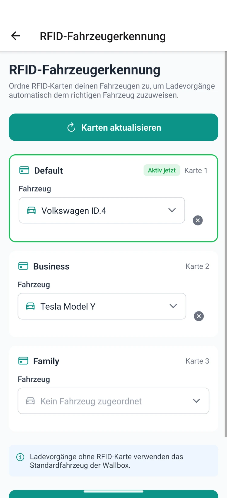 RFID-Karten Fahrzeugen zuordnen: Default → Volkswagen ID.4, Business → Tesla Model Y