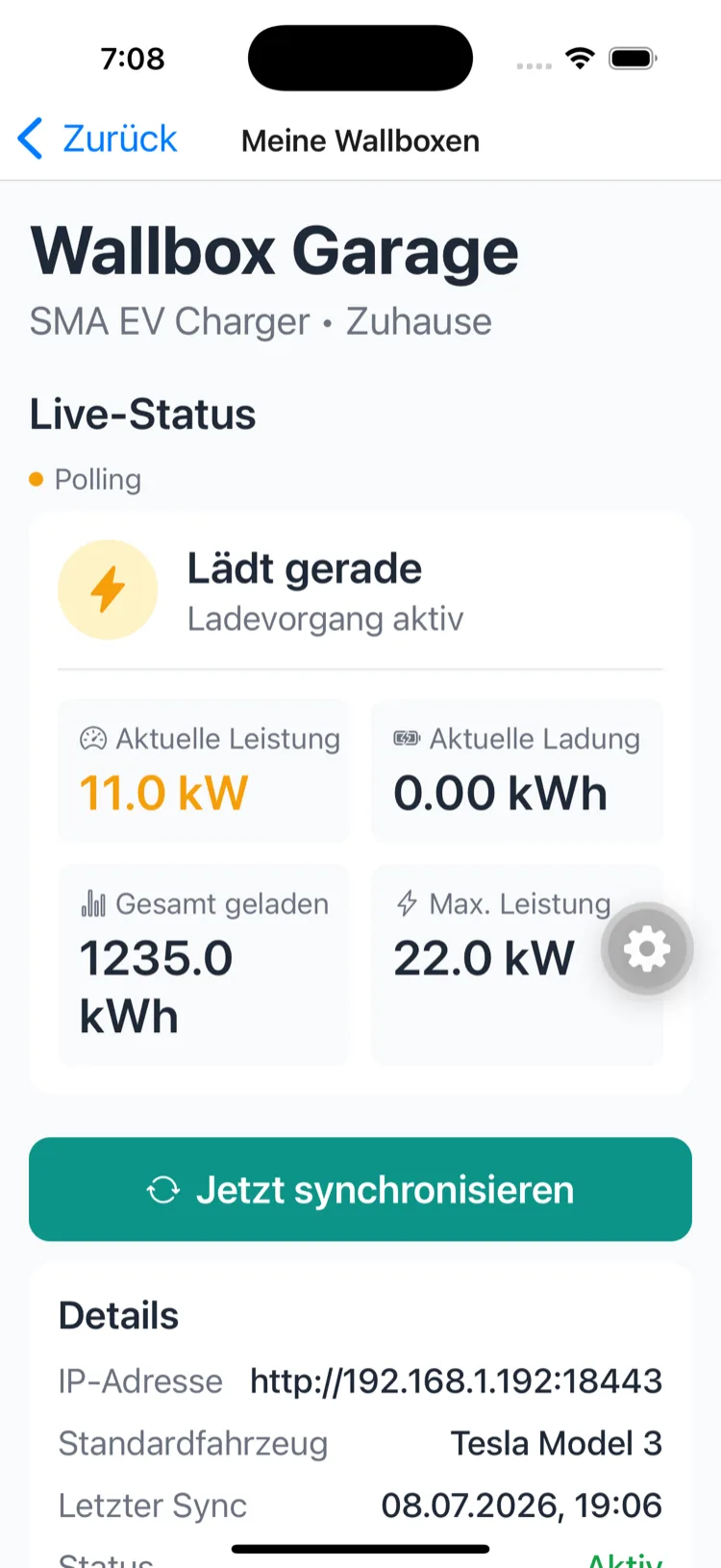 Live-Status der SMA-Wallbox mit Leistung und Energie